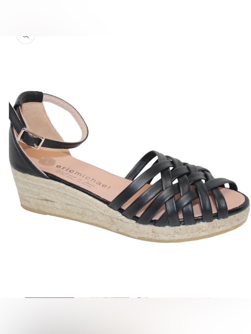 Eric Michael Black Woven Espadrille Wedge Sandal with Ankle Strap Size 40